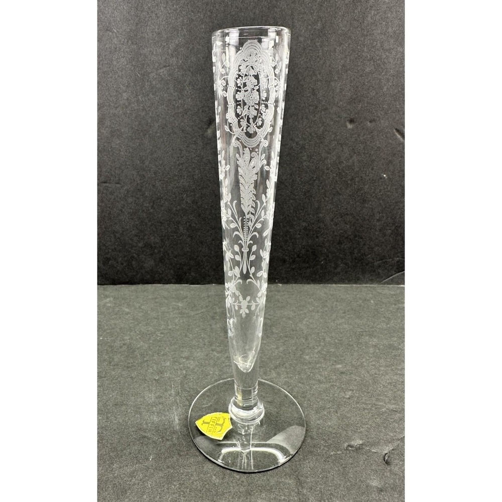 Vintage 1940s Tiffin Glass June Night Etched Crystal 8.5" Footed Bud Vase